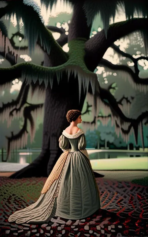 Prompt: "Journey back to the romantic and mystical atmosphere of 18th-century French Louisiana as you depict the iconic figure of Evangeline standing beneath the spreading branches of a majestic oak tree draped in Spanish moss. Let the soft, ethereal light of the bayou filter through the moss and leaves, casting gentle shadows on Evangeline's figure.

Capture the depth of Evangeline's emotions as she gazes out across the tranquil waters of the bayou, her eyes filled with longing and hope as she waits for her forever lost love, Gabriel. Infuse your artwork with a sense of melancholy and nostalgia, reflecting Evangeline's enduring devotion and the timeless themes of love and loss.

Experiment with color, texture, and brushstrokes to convey the lush beauty of the Louisiana landscape and the timeless allure of Evangeline's character. Whether you choose to depict her in a moment of quiet contemplation or with a hint of movement as a gentle breeze stirs the moss and ripples the water, let your imagination transport viewers to a world of romance and enchantment.

<mymodel>