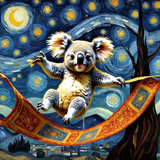 Prompt: A koala flying on a "magic carpet" in "The Starry Night" by Vincent van Gogh