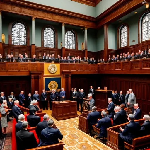 Prompt: Create an oil painting set in the year 1890, capturing the moment when members of a state house of representatives are celebrating the end of their biannual session. The Speaker of the House is striking the gavel, declaring the House adjourned "sine die." The scene is filled with the atmosphere of relief and jubilation.

In the painting, the Speaker stands at the front, mid-motion, as he strikes the gavel on the wooden podium. The representatives, dressed in period-appropriate attire of the late 19th century, are reacting with joy, clapping, shaking hands, and some even throwing their hats in the air. The grand hall is adorned with elaborate woodwork, chandeliers, and large windows allowing natural light to flood in. The walls are lined with portraits of notable figures and flags, adding to the historic and celebratory ambiance