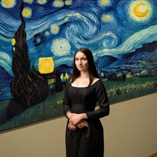 Prompt: "Mona Lisa" run in late for a college class in   in "The Starry Night" by Vincent van Gogh