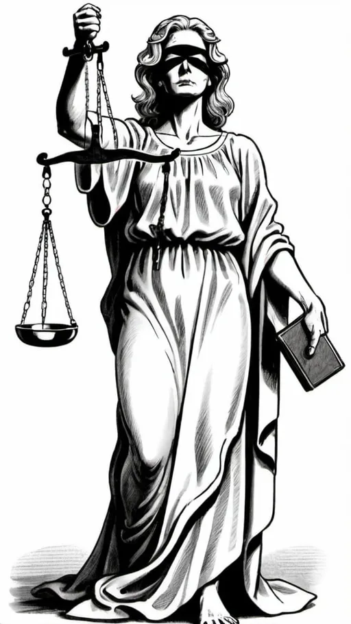 Prompt: A political cartoon illustrating unfairness schedule a defendant lawsuits a standing Lady Justice, with a blindfold, covers her eyes in a robe and holds a broken scale.

