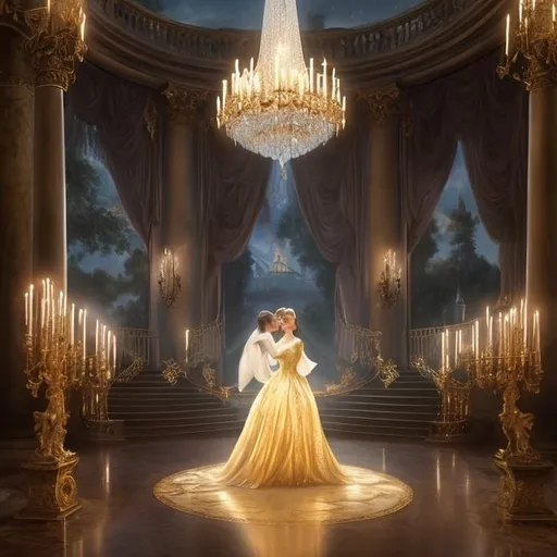 Prompt: Create a UHD, 64K, professional oil painting in the style of Carl Heinrich Bloch, blending the American Barbizon School and Flemish Baroque influences. Depict Cinderella at the grand ball, in a luxurious and opulent ballroom. Cinderella is dressed in an elegant, shimmering gown, capturing the light and casting a soft glow around her. The ballroom is adorned with crystal chandeliers, marble floors, and intricate golden decorations. Noblemen and women in lavish attire are seen dancing, chatting, and enjoying the festivities. Cinderella, standing at the top of a grand staircase, is the center of attention, with her graceful poise and radiant beauty captivating the guests. The scene is bathed in the warm light of hundreds of candles, creating an atmosphere of magic and enchantment. Outside the large, arched windows, a moonlit garden can be seen, adding to the fairytale ambiance.  