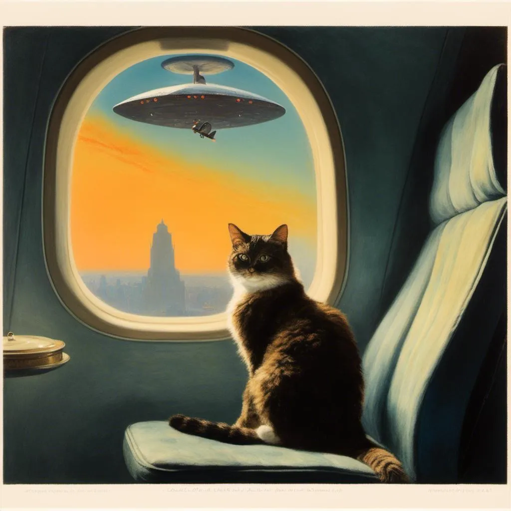 Prompt: a anthropomorphic Tortoiseshell cat sitting on an airplane seat with a hat on his head and a attacking UFO in the night shy in the background with a window, <mymodel>