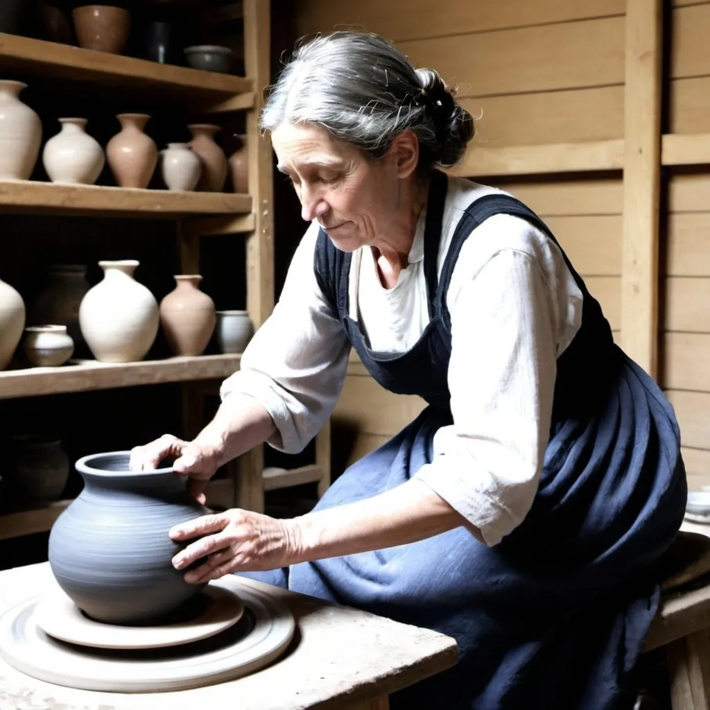 Prompt: a "whistler mother"  making pottery on pottery wheel