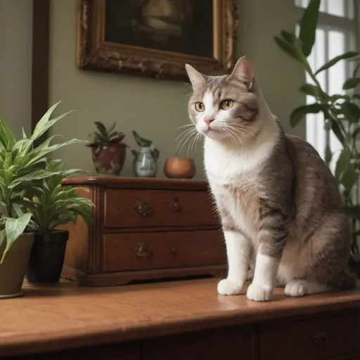 Prompt: a cat sitting on a table in a room with a plant in the background and a dresser in the background, Carlos Catasse, aestheticism, promotional image, a stock photo
