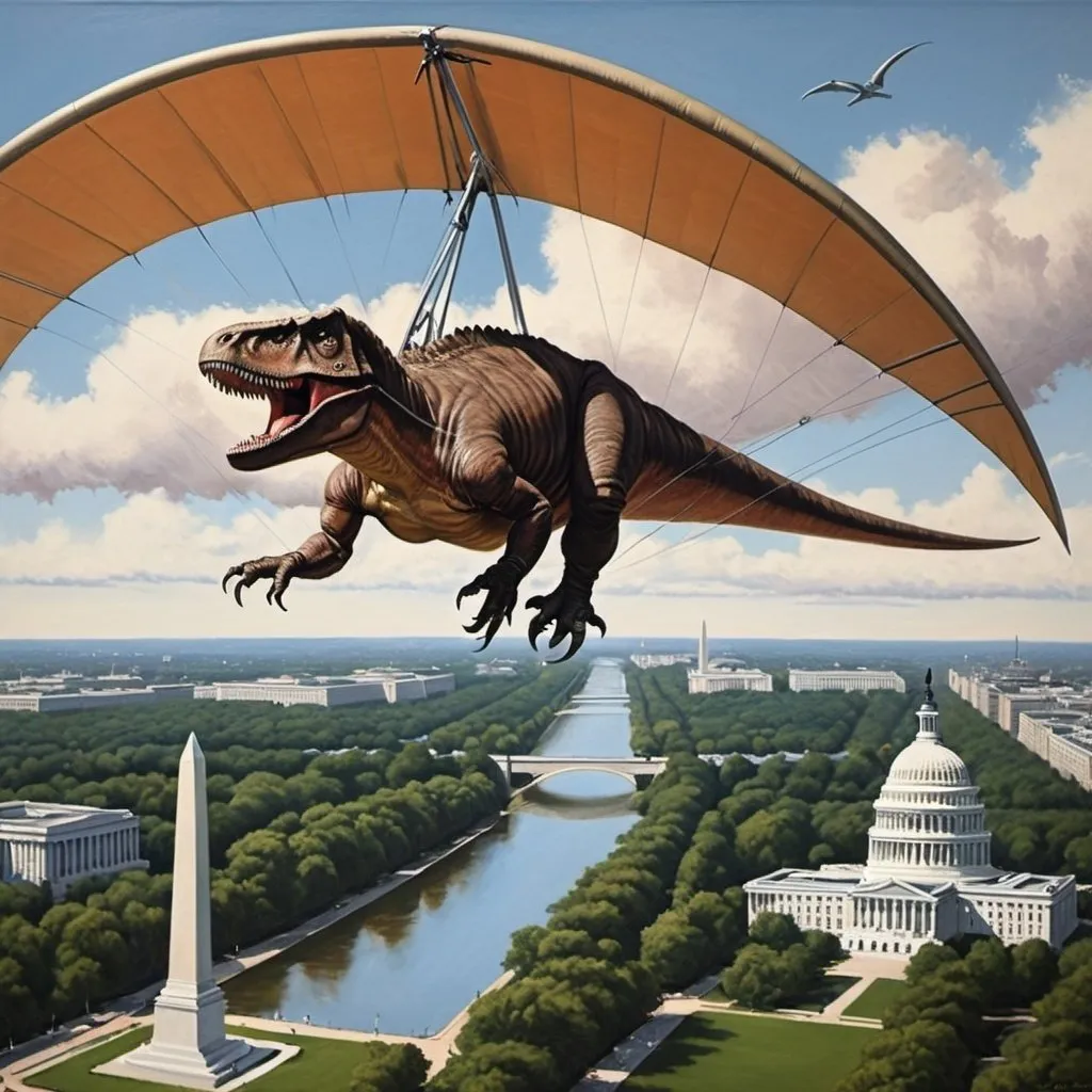 Prompt: tyrannosaurus,  flying over washington DC on hang glider, 1970s oil painting,

