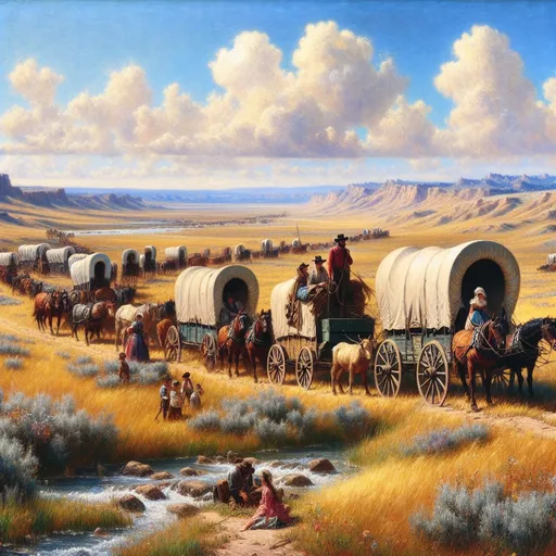 Prompt: Prompt: Create a UHD, 64K, professional oil painting in the style of Carl Heinrich Bloch, blending the American Barbizon School and Flemish Baroque influences. Depict a historical scene of a wagon train heading westward across the American frontier. The foreground features a rugged trail winding through a vast prairie, with several covered wagons pulled by oxen and horses. The wagons are filled with pioneers, their expressions a mix of determination and hope as they embark on their journey.

In the midground, the prairie stretches out with tall grasses swaying in the breeze, dotted with wildflowers. The sky is a brilliant blue, with fluffy white clouds drifting lazily, but hints of dramatic, distant mountains can be seen on the horizon, promising both challenges and opportunities ahead.

The background showcases the expansive landscape, with a river meandering through it, providing a source of life and a guide for the travelers. The painting includes various elements typical of the westward journey: a family gathered around a campfire, a scout on horseback surveying the path ahead, and children playing near the wagons, their laughter bringing a sense of normalcy to the arduous trek.

The atmosphere captures the spirit of adventure and resilience, with warm, golden light illuminating the scene as the sun begins to set, casting long shadows and enhancing the texture of the landscape. This painting celebrates the courage and pioneering spirit of those who ventured west in search of a new life, encapsulating both the beauty and the hardships of the journey.