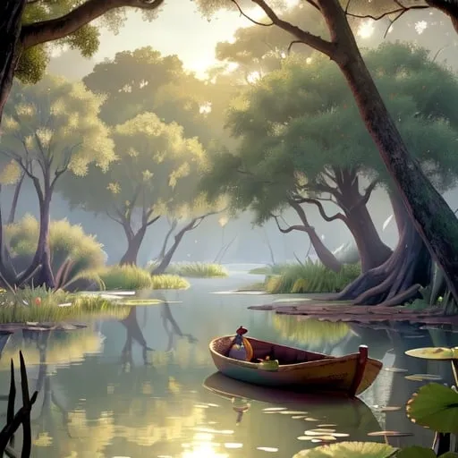 Prompt: Create a UHD, 64K, professional oil painting in the style of Carl Heinrich Bloch, blending the American Barbizon School and Flemish Baroque influences. Depict a serene and mystical Louisiana swamp scene. The foreground features cypress trees with gnarled roots emerging from the murky water, draped with Spanish moss that hangs like delicate lace. The water's surface reflects the lush greenery and is dotted with water lilies and the occasional ripple from unseen creatures.

In the midground, a wooden pirogue (small boat) with an old fisherman casting a net adds a human element to the natural landscape. His weathered face shows concentration and a deep connection with his surroundings. The background fades into a misty horizon where the dense foliage of the swamp seems to merge with the sky.

The setting includes wildlife typical of a Louisiana swamp: an alligator sunning itself on a log, a great blue heron standing still in the water, and a family of turtles basking on a fallen branch. The atmosphere is humid and still, with shafts of sunlight piercing through the canopy, illuminating the swamp with a soft, golden light. The painting captures the tranquil beauty and eerie mystery of the swamp, emphasizing its rich biodiversity and the harmony between the people and their environment.