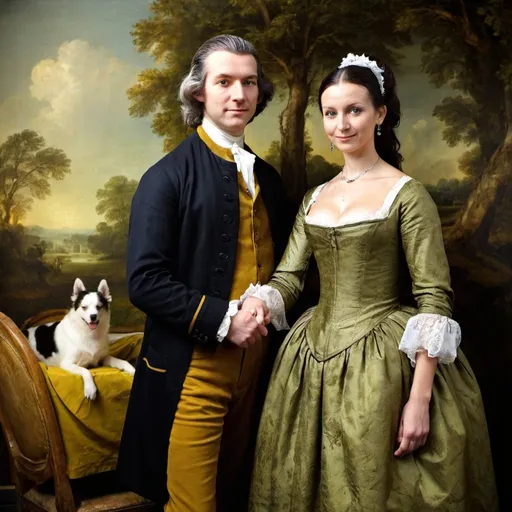 Prompt: "Mona Lisa"  photobombing  "Mr and Mrs Andrews" by  Thomas Gainsborough, 