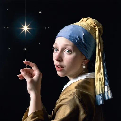 Prompt: "the girl with the pearl earring" catching a "falling-star"