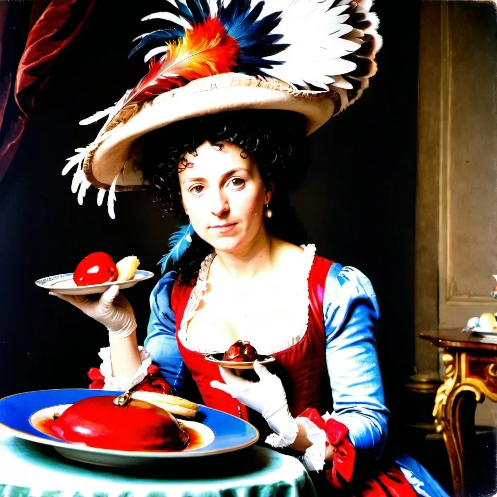 Prompt: a photo of a woman in a hat holding a plate of food and a feathered hat on her head, Élisabeth Vigée Le Brun, rococo, photo, a photo