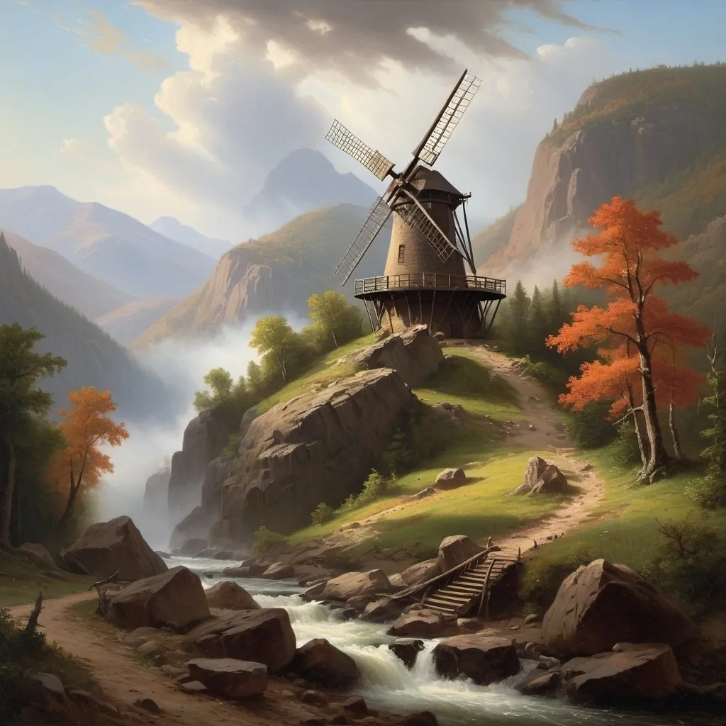 Prompt: Create a UHD, 64K, professional oil painting in the style of Albert Bierstadt, Hudson River School, american scene painting, Depict a playfully  balanced windmill on  the mountain that stood out  bold and clear against the sky its towering crags and deep ravines filled with mystery and beauty.