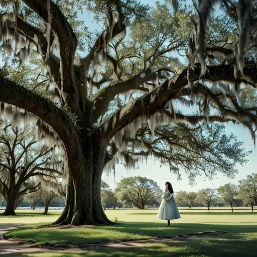 Prompt: 18th century French, Evangeline standing under an oak tree Spanish moss  looking  at  the  Bayou waiting for her forever lost love Gabriel 