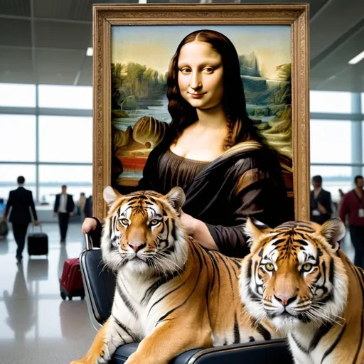 Prompt: Mona Lisa  riding a  tiger  in  an airport