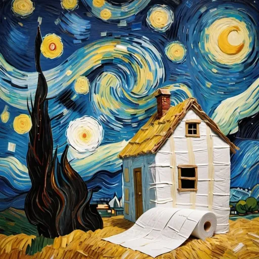 Prompt: "Vincent van Gogh"  rolling a house with toilet paper  in the style of "The Starry Night" by Vincent van Gogh