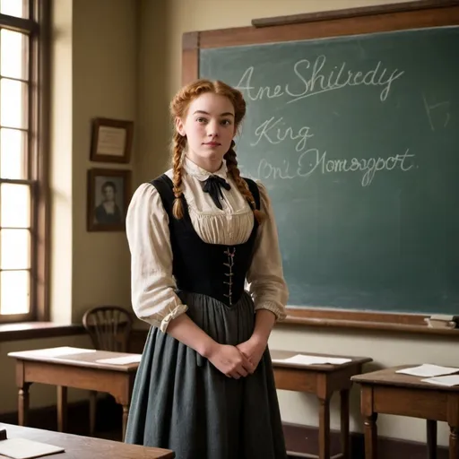 Prompt: Anne Shirley(by L. M. Montgomery) is standing in the class room teaching  a class at Kingsport Ladies' College,  classroom setting with a chalk drawing of Anne on the chalkboard,  nostalgic, antique, 1900s, historical, vintage, moody lighting
