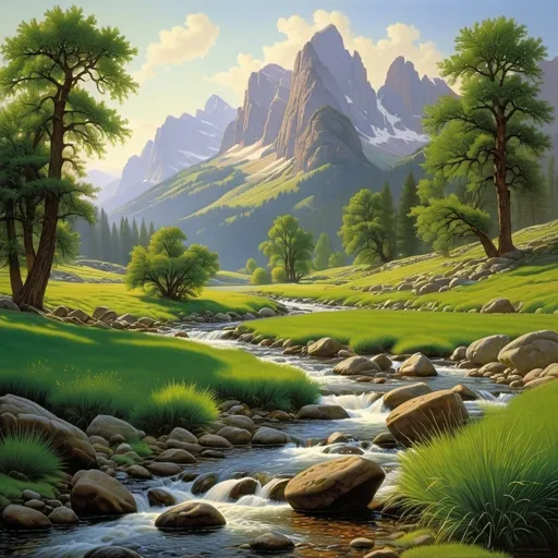 Prompt: a painting of a mountain stream in a green valley with rocks and grass and trees in the foreground, Brothers Hildebrandt, american scene painting, highly detailed oil painting, a detailed matte painting
