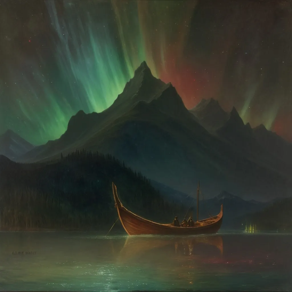 Prompt: a painting of a boat in a body of water under a sky filled with aurora lights and a mountain, Albert Bierstadt, space art, apocalypse, a painting