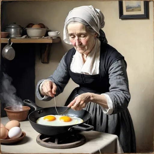Prompt: whistler mother  frying eggs in a cast iron skillet