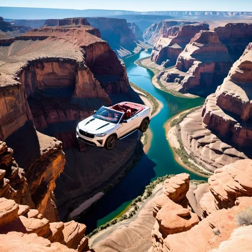 Prompt: convertible jumping over the canyon, taking off from the rim of the canyon, staying  airborne  then landing on the next rim.


