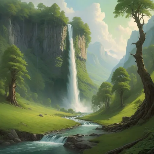 Prompt: a painting of a waterfall in a green valley with a stream running through it and trees on the side, Christophe Vacher, fantasy art, matte fantasy painting, a detailed matte painting