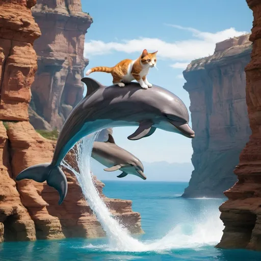 Prompt: a cat, riding a dolphin that is jumping over a canyon.