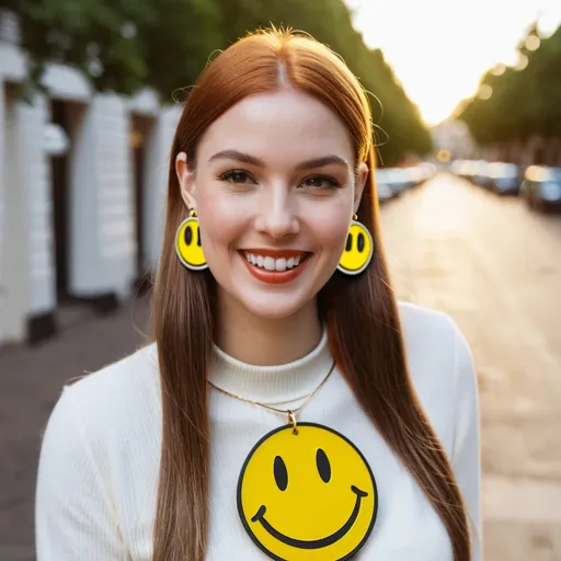 Prompt:  the woman is wearing  earrings.

the earrings  has the classic  1970s  yellow smiley face on them.

 