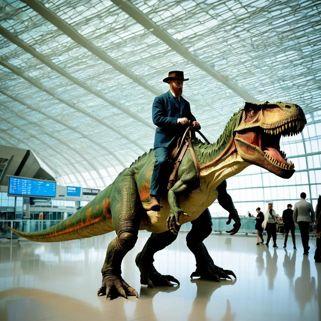 Prompt: "Vincent van Gogh"  riding a tyrannosaurus in  an airport, 
photo 