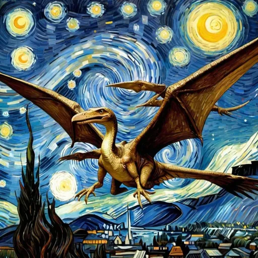 Prompt: Mona Lisa riding a Pterodactyl  in  "The Starry Night" by Vincent van Gogh