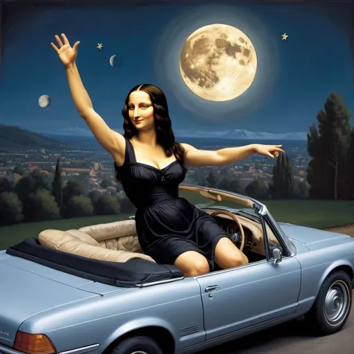 Prompt: Mona Lisa  jumping over the Moon  in a convertible 