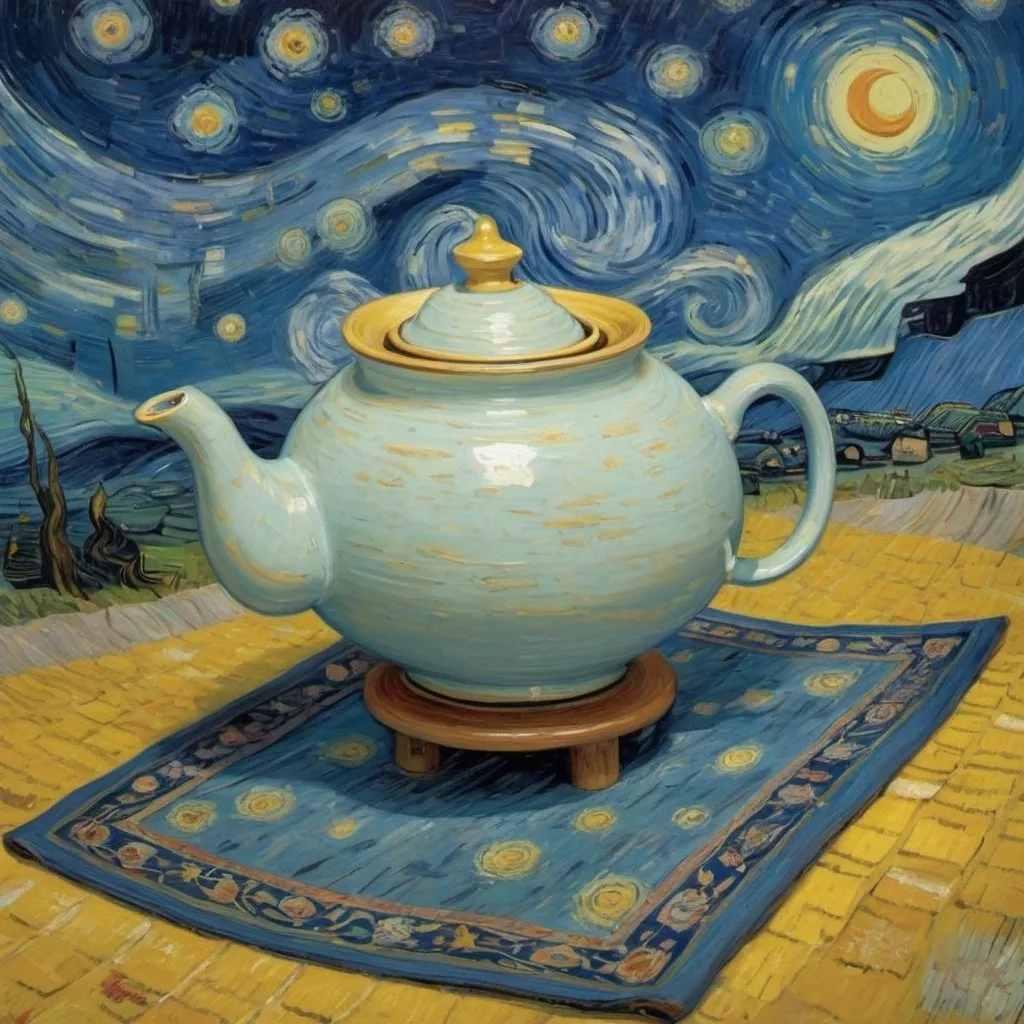 Prompt: a "smiling teapot"  flying on a "magic carpet" in "The Starry Night" by Vincent van Gogh