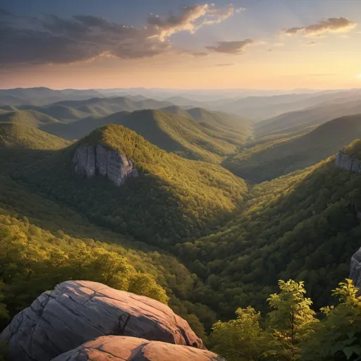Prompt: Ozark mountains  at sunrise, 
wide angle view, 
full depth of field, 
beautiful, 
high resolution, 
realistic, 
detailed foliage,
serene atmosphere, 
golden hour lighting, 
majestic valleys,
majestic peaks, 
natural beauty,
landscape painting, 
professional quality, 
sunrise,
mountain range, 
majestic valleys, 
realistic, 
detailed foliage,
serene atmosphere, 
wide angle view, 
full depth of field, 
beautiful, 
high resolution, 
golden hour lighting, 
majestic peaks, 
natural beauty