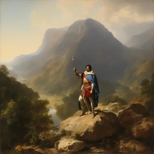 Prompt: <mymodel> a painting of a  brave knight, standing on a rock with a sword in his hand,  mountain in the background, hudson river school, matte painting, a matte painting