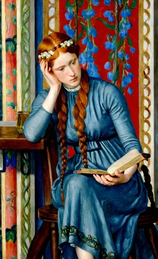 Prompt: a color painting  of a (beautiful 25-year-old woman with long hair ginger in a French braid wearing  a long cotton flower print Empire Dress with a high neck line) resting  her elbow on a  wood table sitting on a stool  holding a open  book  in her lap and looking at her face with her hand background a living room  , Evelyn De Morgan, pre-raphaelitism, pre - raphaelite, an art deco painting, professional
panting , HDR, UHD, 64K
