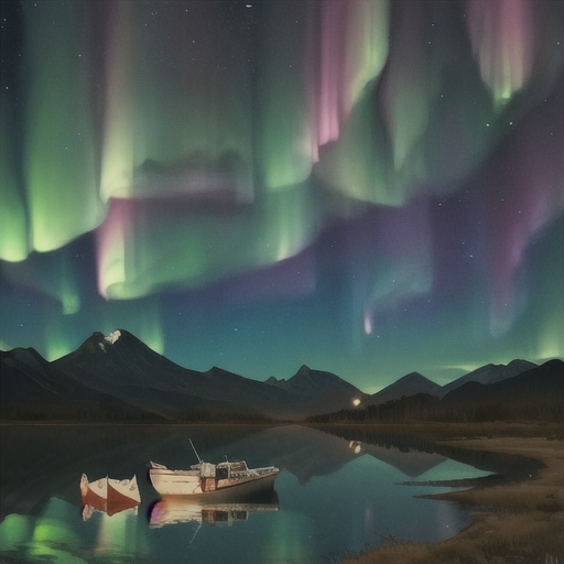 Prompt: a painting of a boat in a body of water under a sky filled with aurora lights and a mountain, Frederic Edwin Church, space art, apocalypse, a painting