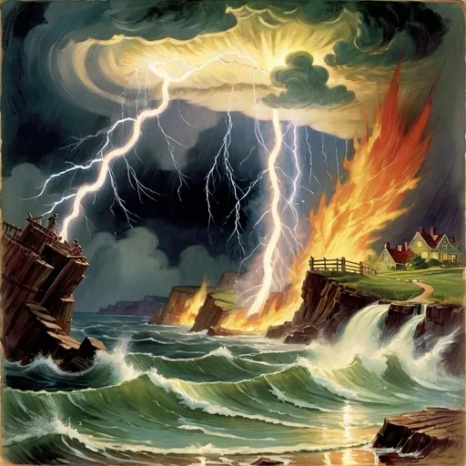 Prompt: a painting of "The tempest broke with a sudden fury; the heavens were lit up by a continuous blaze of lightning, and the thunder pealed with appalling force." L. Frank Baum, The Wonderful Wizard of Oz (1900)