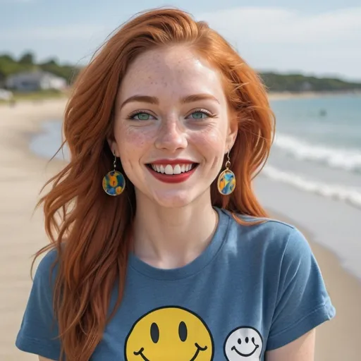 Prompt: photorealistic portrait of a [(27 year-old woman),  (cover with dark freckle), (green eyes), (long ginger hair), (red lipstick), (a smile on her face), (earrings with a smiley face on it's earring hooks), (smiley-face t-shirt), (long blue jean), (red and blue tennis shoes),]on the beach, looking very happy at an ufo