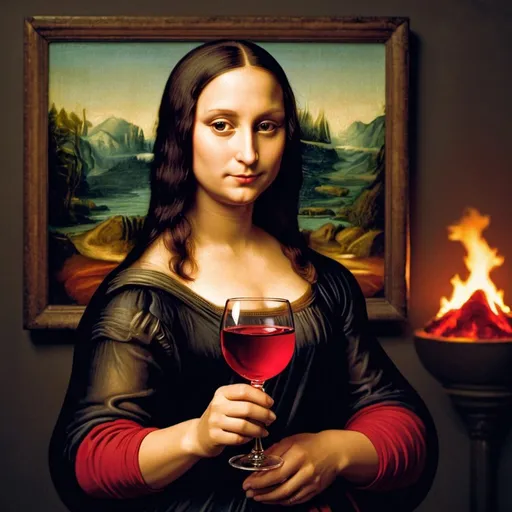 Prompt: Mona Lisa holding a wine glass containing  red hot lava  at night 