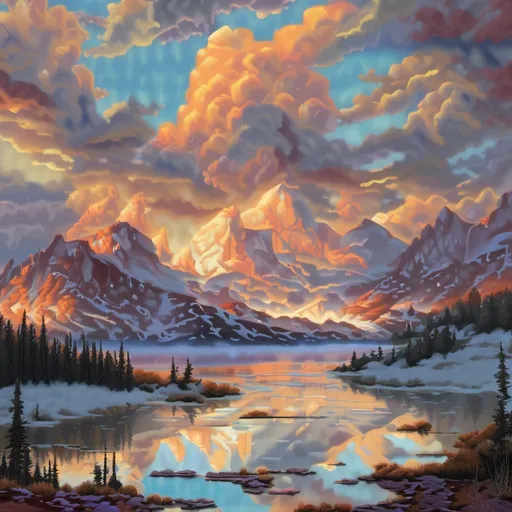 Prompt: Title: "Mountain Majesty: A Sunset Symphony" Description: Imagine standing at the edge of a tranquil lake, surrounded by rugged snow-capped mountains that stretch towards the sky. As the sun begins its descent, the sky transforms into a canvas of breathtaking beauty. Wispy formations blanket the heavens, adding texture and depth to the scene above. These ethereal companions gently reflect the fading light, casting a soft glow over the landscape below. Medium: This prompt invites you to explore the magical interplay of light and shadow as the sun bids farewell to the day. Through your chosen medium, whether it be painting, photography, digital art, or poetry, capture the essence of this serene moment. Let the warmth of the sunset and the grandeur of the mountains inspire your creativity, as you bring to life the symphony of colors and textures that dance across the sky. (by chatgpt) <mymodel>