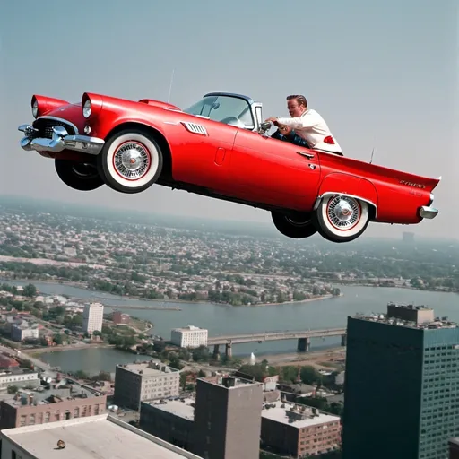Prompt: a man  in a flying red ford 1957 thunderbird flying over a city
