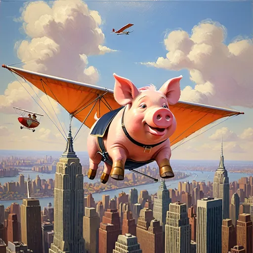 Prompt: a  pig ,  flying over New York city  on hang glider, 1970s oil painting,

