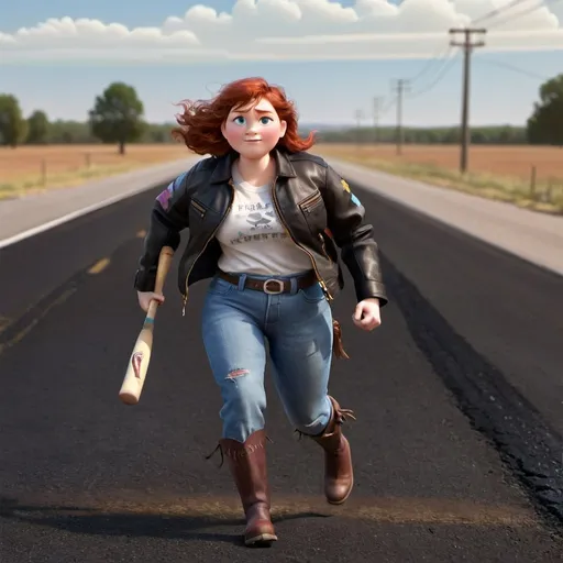 Prompt: a brave woman running down a  black asphalt road holding a baseball bat in her hand and wearing a leather jacket and t-shirt blue and jeans and cowboy boots , Dirk Crabeth, feminist art, promotional image, a character portrait
