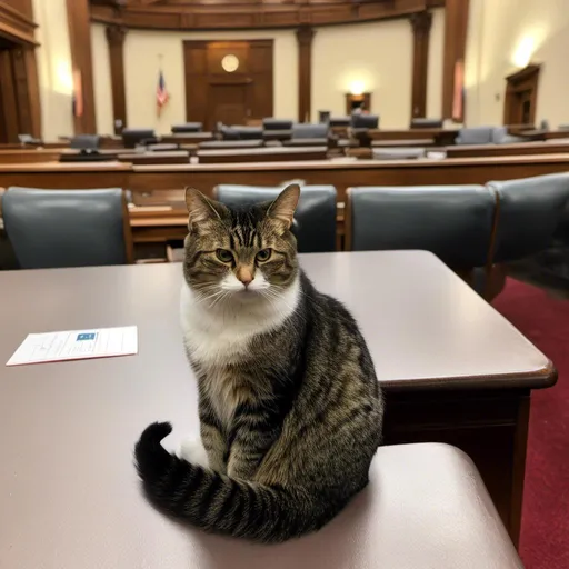 Prompt: <mymodel> A Cat sitting on a legislature's desk during a legislative session.