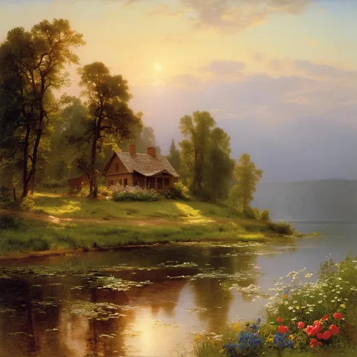 Prompt: house in the forest on the lake shore, romantic , beautiful sunrise, rose on wildflowers, daisies , bells , cornflowers, airbrushing, foggy evening,white sparks in the sunlight, elder scrolls, realistic, translucent, saturated bright colors , high detail, oil painting <mymodel>