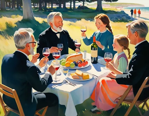 Prompt: a painting of a family having a picnic together with wine glasses in their hands and people holding their hands up, Peder Severin Krøyer, classical realism, classical painting, a painting

"Step into the vibrant world of the Skagen artists' colony as you reimagine Peder Severin Krøyer's iconic painting 'Hip, Hip, Hurrah! Artist Festival at Skagen' in your own unique style.

Capture the festive atmosphere of the gathering, where artists and intellectuals come together to celebrate creativity and camaraderie against the backdrop of the Danish seaside town. Explore the interplay of light and shadow as the sun sets over the horizon, casting a warm glow over the scene and illuminating the faces of the gathered crowd.

Experiment with color and composition to convey the sense of joy and excitement that permeates the air, from the lively conversations and laughter to the spontaneous bursts of applause and cheers. Delve into the personalities and relationships of the artists depicted, each one a testament to the spirit of collaboration and artistic expression.

Infuse your artwork with a sense of nostalgia and nostalgia, inviting viewers to immerse themselves in the timeless charm of the Skagen artists' colony. Whether you choose to stay true to Krøyer's original vision or offer a fresh interpretation of this historic moment, let your creativity shine as you pay homage to the enduring legacy of creativity and community."

