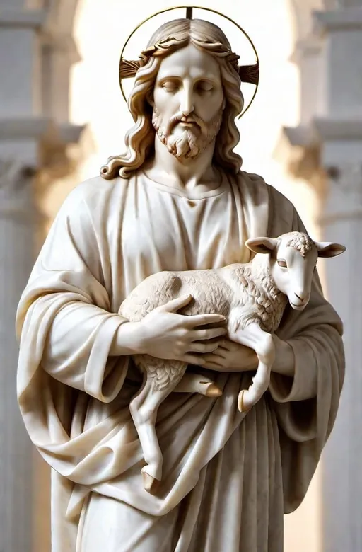 Prompt: White Marble statue of Jesus with halo holding a lamb, high quality, classical sculpture, ancient Greek, detailed features, white marble, elegant pose, graceful, soft lighting, traditional, historical, realistic details, classical art, serene expression, lifelike, smooth curves, god-like, ancient beauty, classical, sophisticated, traditional sculpture, elegant, natural lighting



