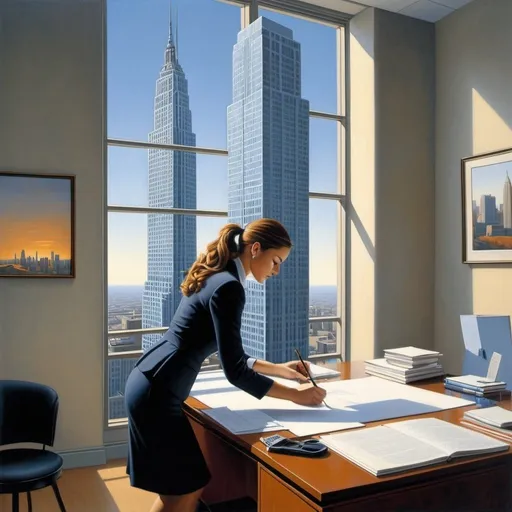 Prompt: painting of a woman working in  an office as an architect designing a skyscraper, David Ligare, precisionism, giantess art, a realistic painting