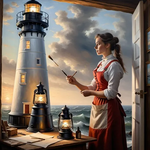 Prompt: Create a UHD, 64K professional oil painting set in the year 1870. Depict a 25-year-old woman working as a lighthouse keeper She is stands resolutely in the lighthouse by the light,