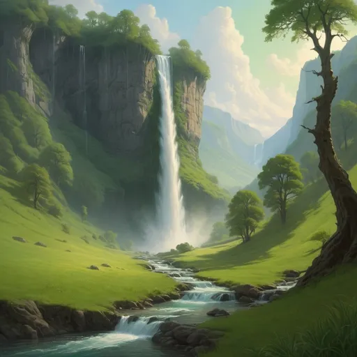 Prompt: a painting of a waterfall in a green valley with trees and grass on the ground and a stream running through the valley, Christophe Vacher, fantasy art, matte fantasy painting, a detailed matte painting