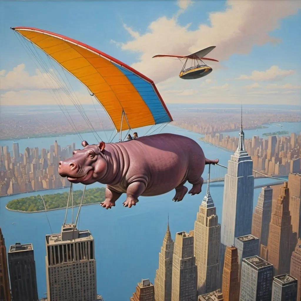 Prompt: A Hippopotamus ,  flying over New York city  on hang glider, 1970s oil painting,

